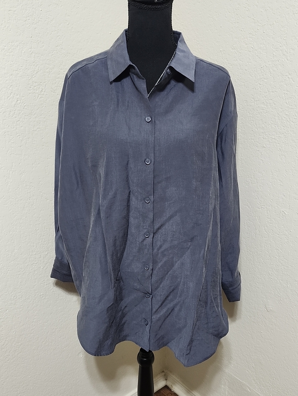 Zara Oversized Crinkle Button Down Shirt Tunic Blue Slate Sz M Boxy